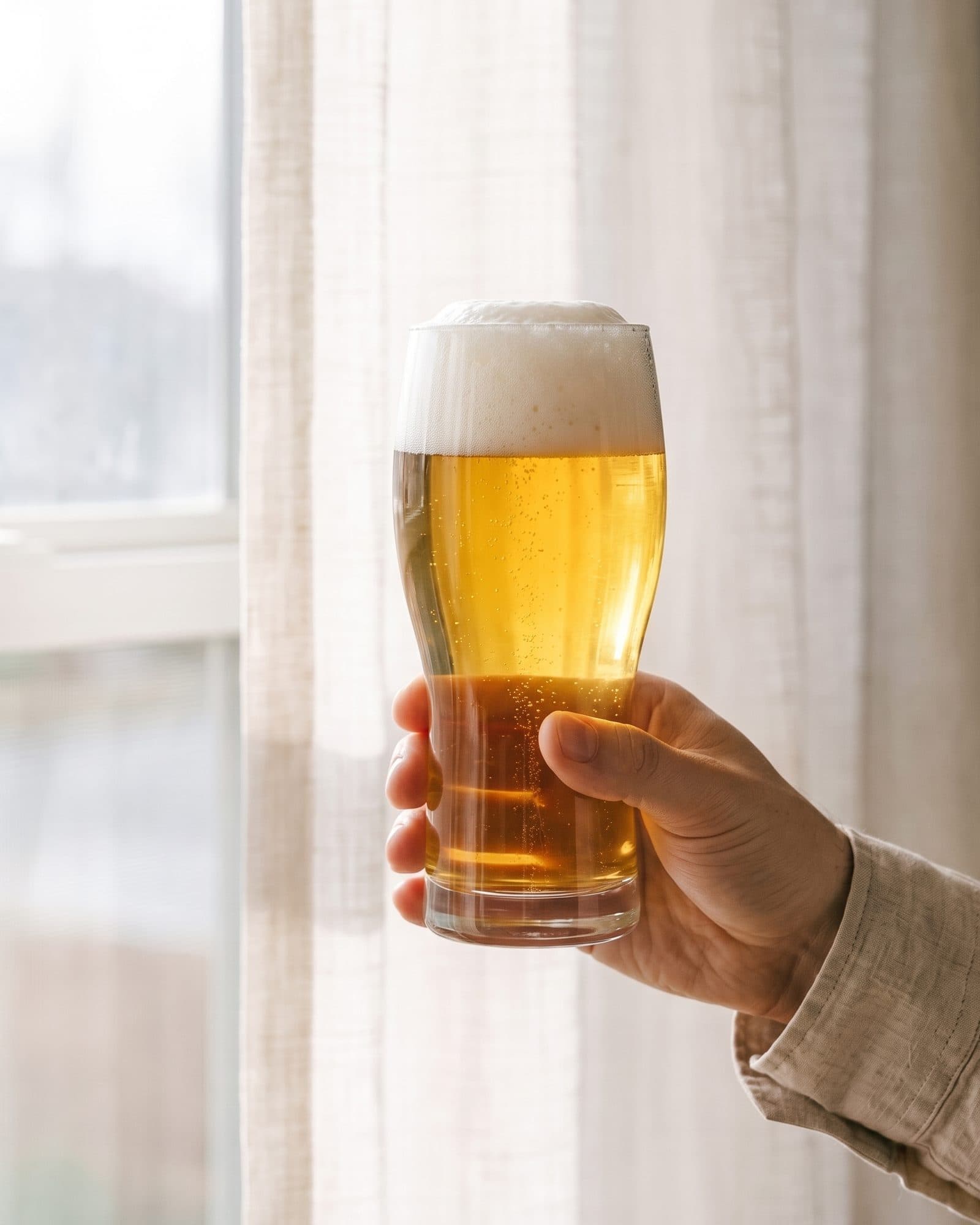 KI-generiertes Bild: Eine Hand hält einen Willibecher mit klarem, goldenem Bier vor einen hellen Leinenvorhang am Fenster.