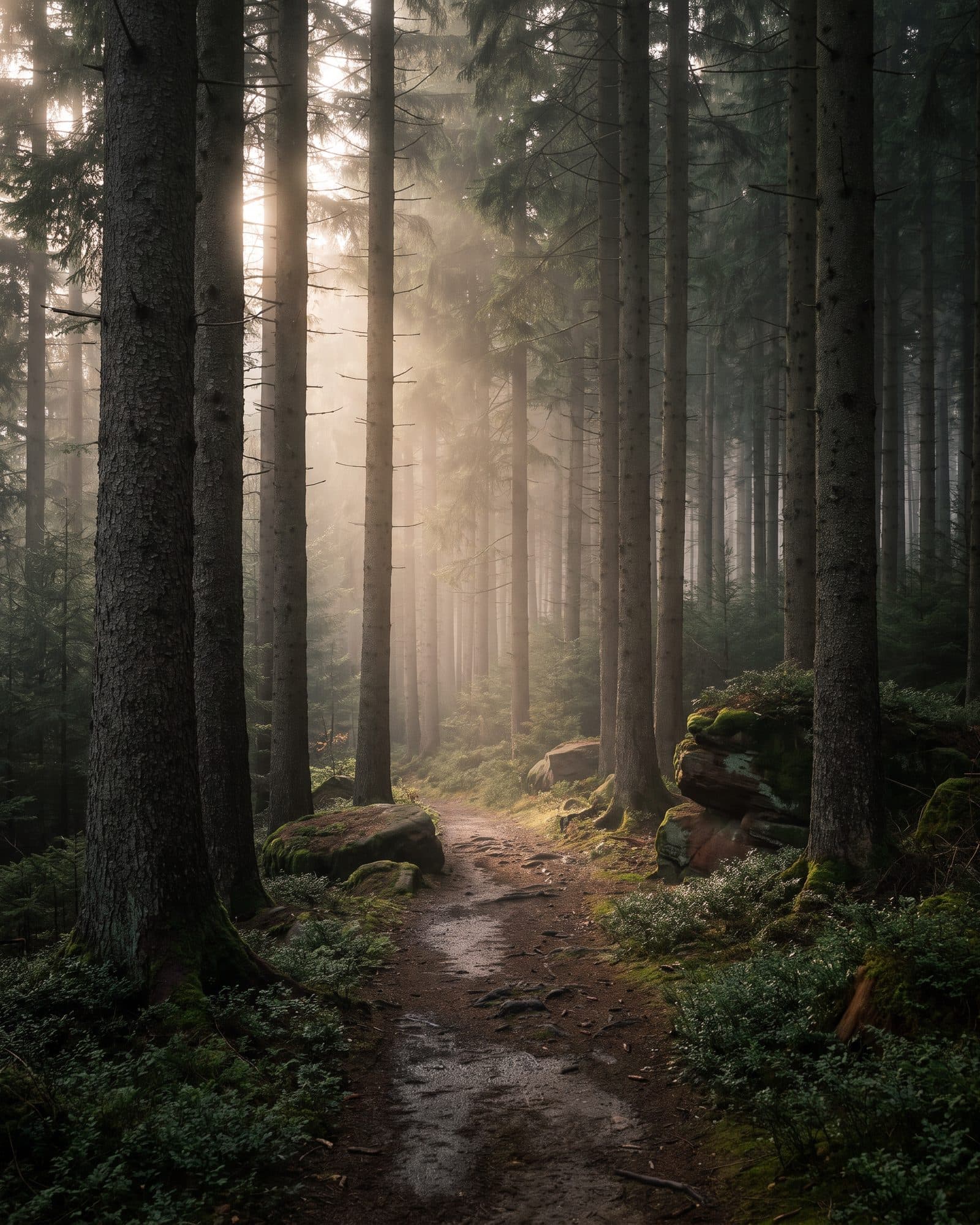 KI-generiertes Bild: Ein schmaler Waldweg führt zwischen hohen Nadelbäumen und bemoosten Felsen in den Nebel, Sonnenstrahlen fallen durch die Stämme.