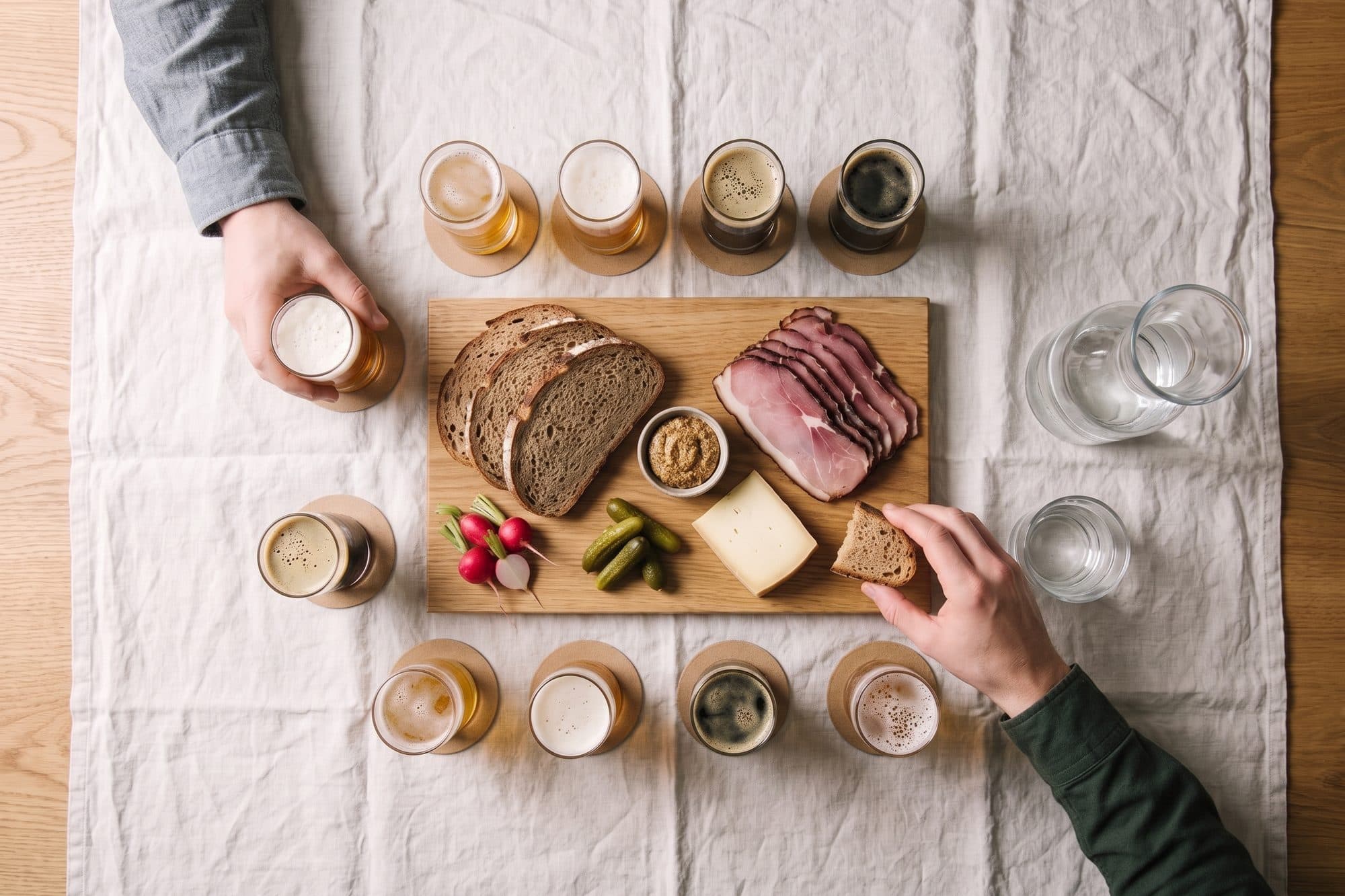 KI-generiertes Bild: Blick von oben auf einen Tisch mit Leinendecke, in der Mitte ein Vesperbrett mit Brot, Schinken, Käse, Gurken und Radieschen, ringsum kleine Biergläser auf Bierdeckeln, zwei Hände greifen nach Glas und Brot.